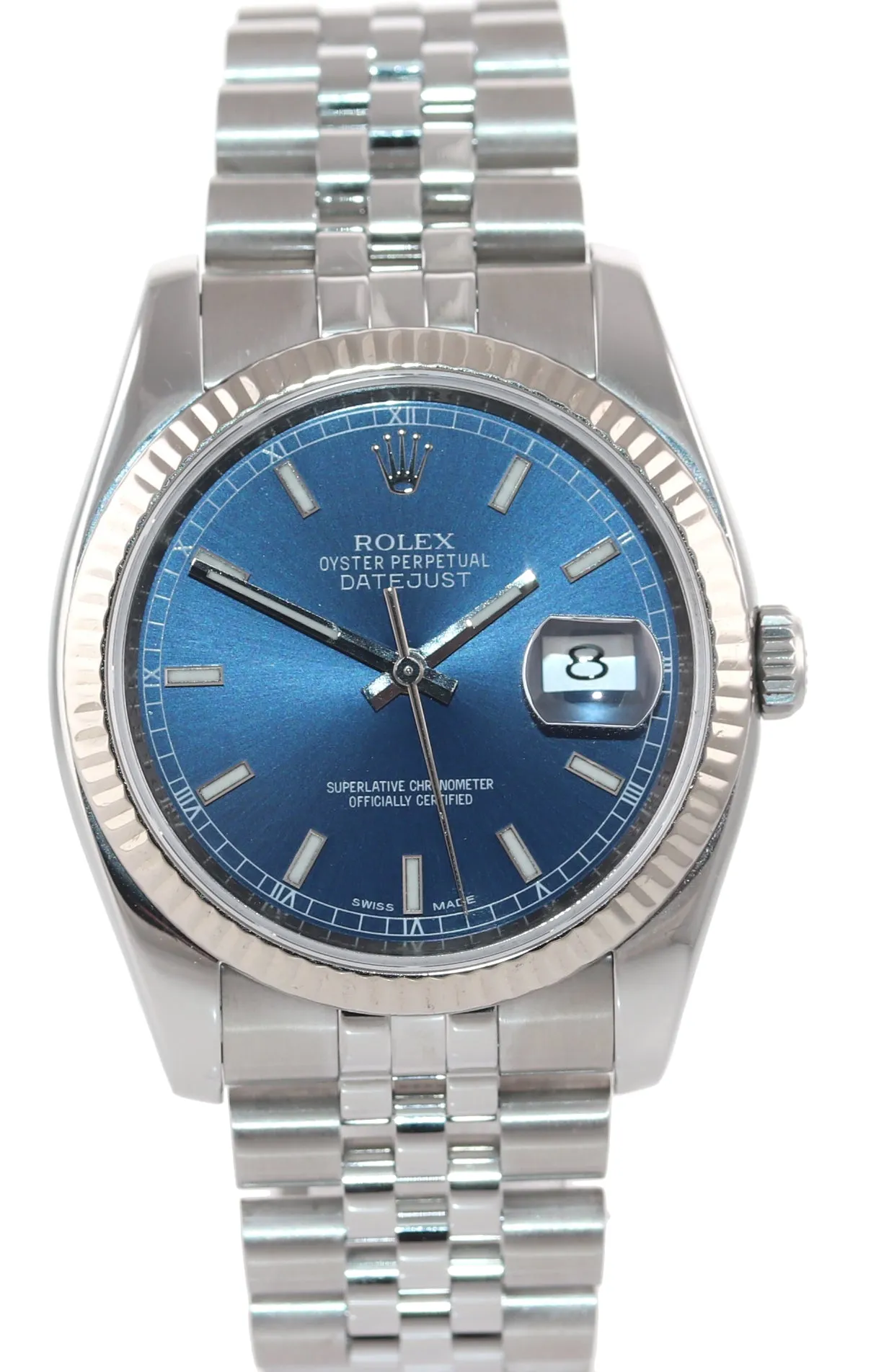2014 Papers Rolex DateJust Steel Blue Stick Dial 116234 36mm Super Jubilee Watch