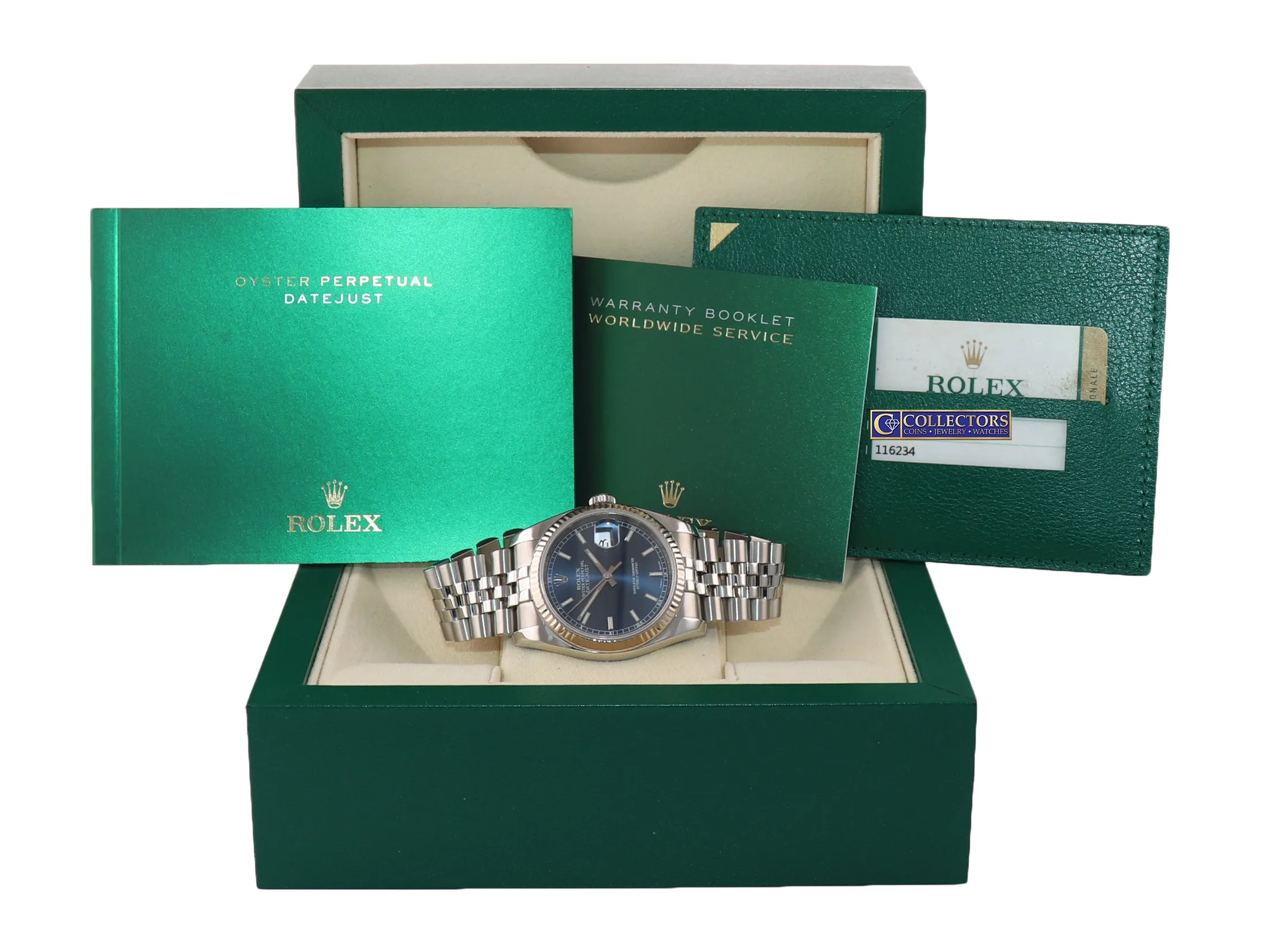 2014 Papers Rolex DateJust Steel Blue Stick Dial 116234 36mm Super Jubilee Watch