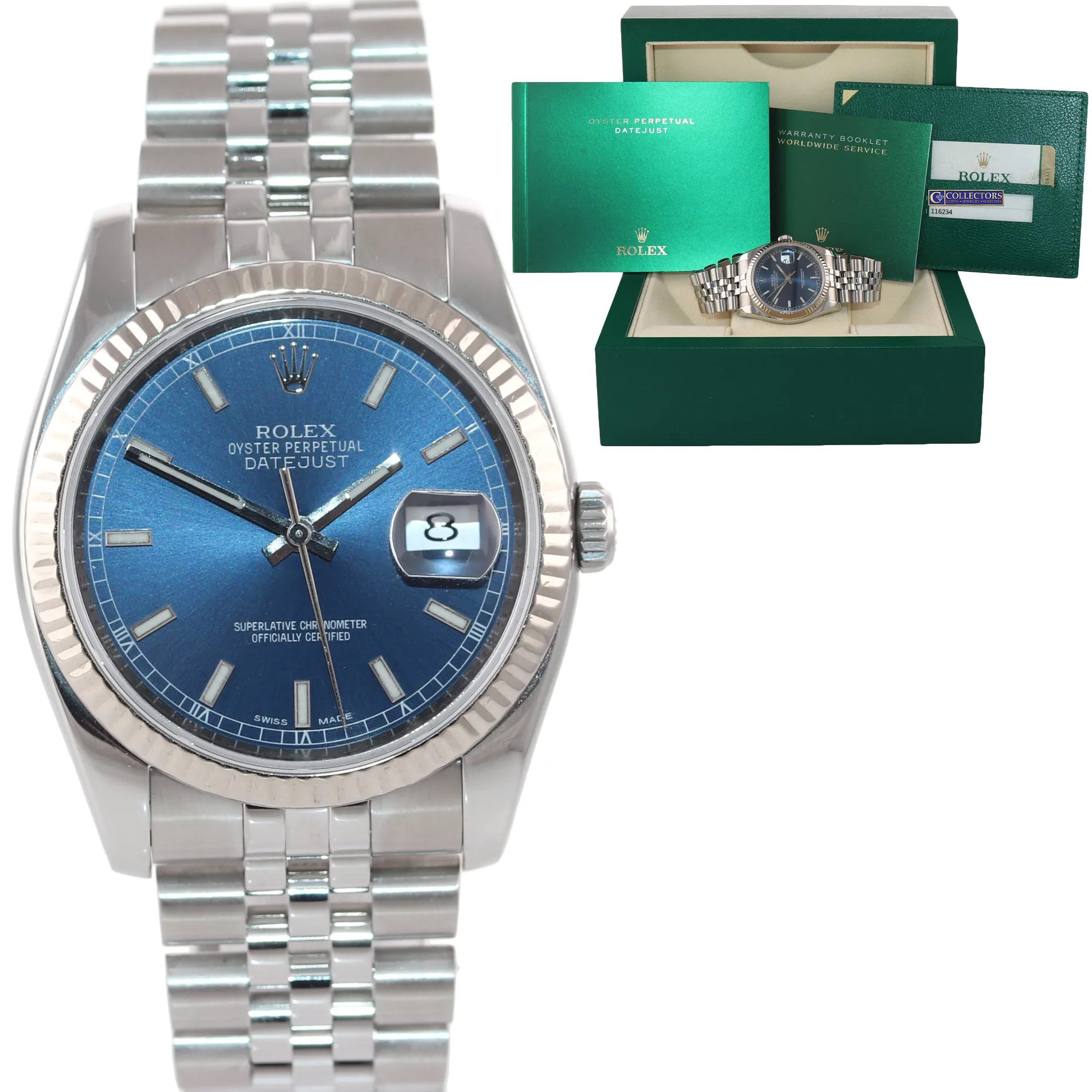 2014 Papers Rolex DateJust Steel Blue Stick Dial 116234 36mm Super Jubilee Watch