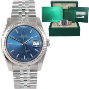 2014 Papers Rolex DateJust Steel Blue Stick Dial 116234 36mm Super Jubilee Watch