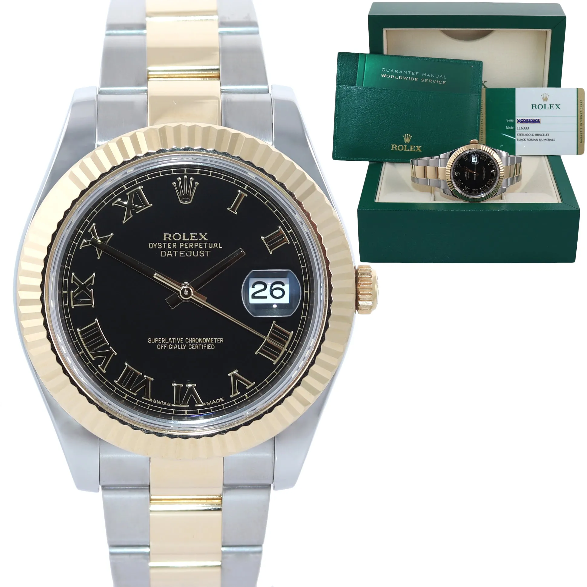 2015 PAPERS MINT Rolex Datejust 2 Black Roman 116333 Two-Tone Gold Watch Box