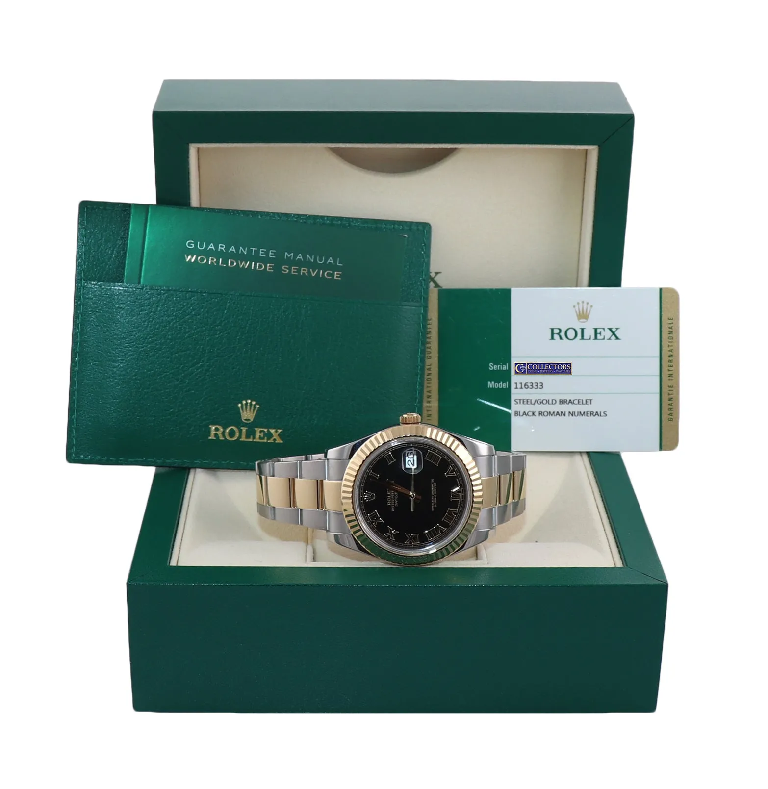 2015 PAPERS MINT Rolex Datejust 2 Black Roman 116333 Two-Tone Gold Watch Box