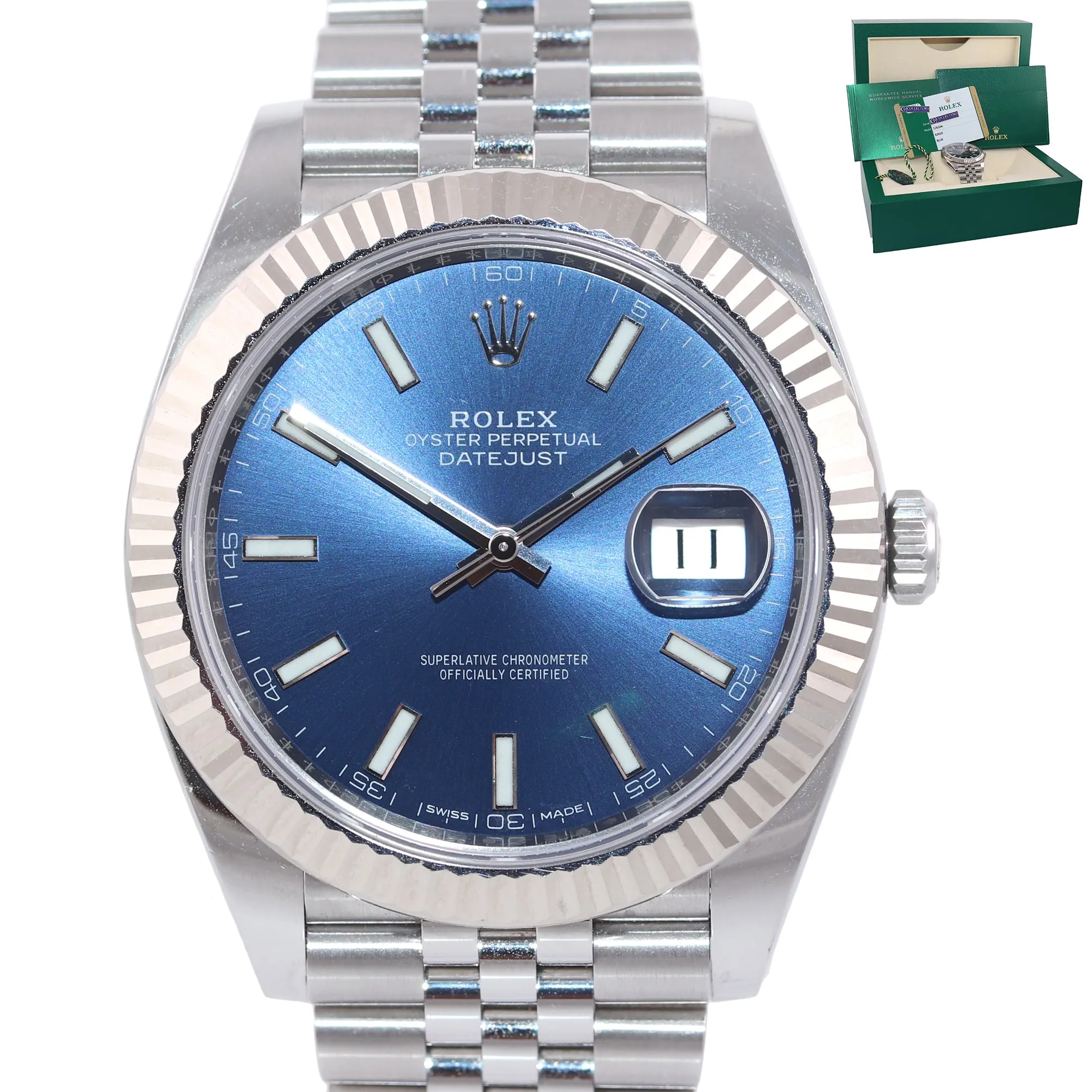 2019 MINT PAPERS Rolex DateJust 41 Blue Stick Super Jubilee Fluted 126334 Watch