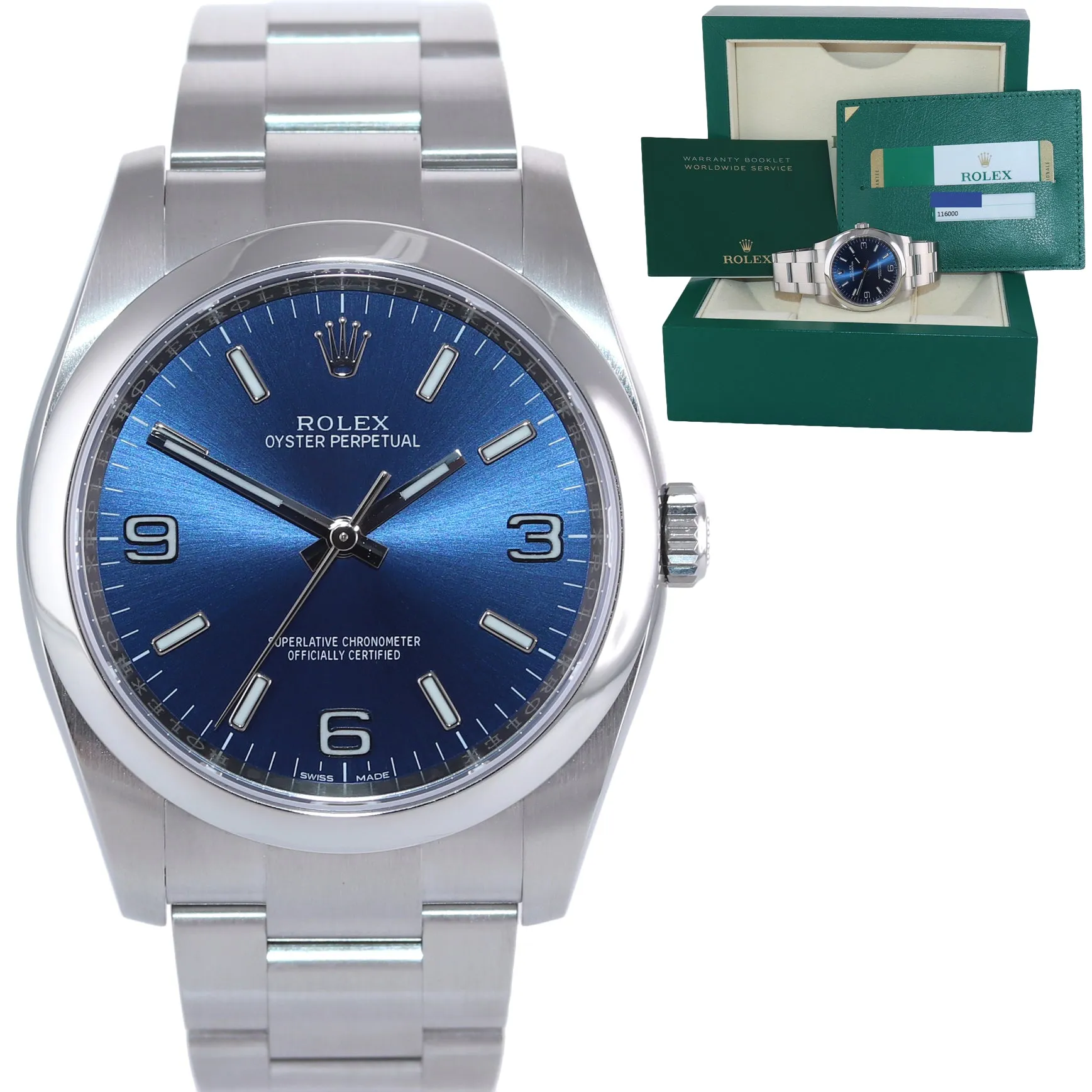 2019 PAPERS 116000 Rolex Oyster Perpetual Blue Arabic Stick 36mm Watch Box