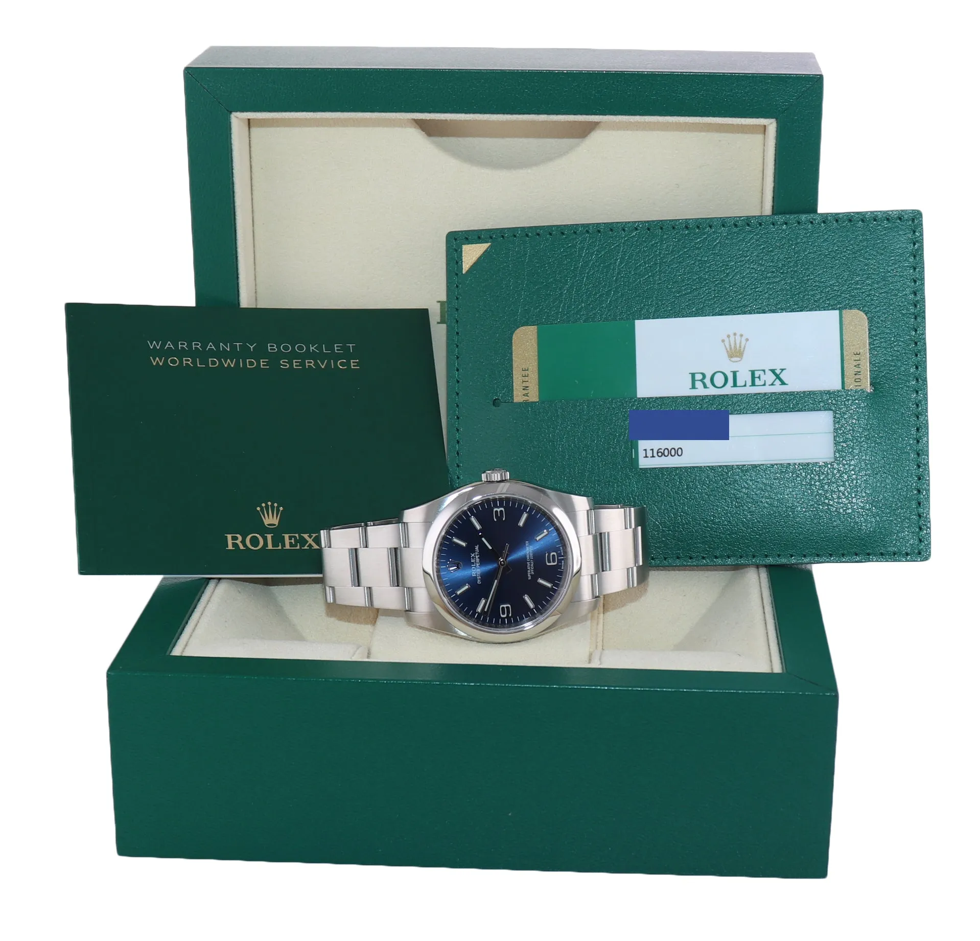 2019 PAPERS 116000 Rolex Oyster Perpetual Blue Arabic Stick 36mm Watch Box