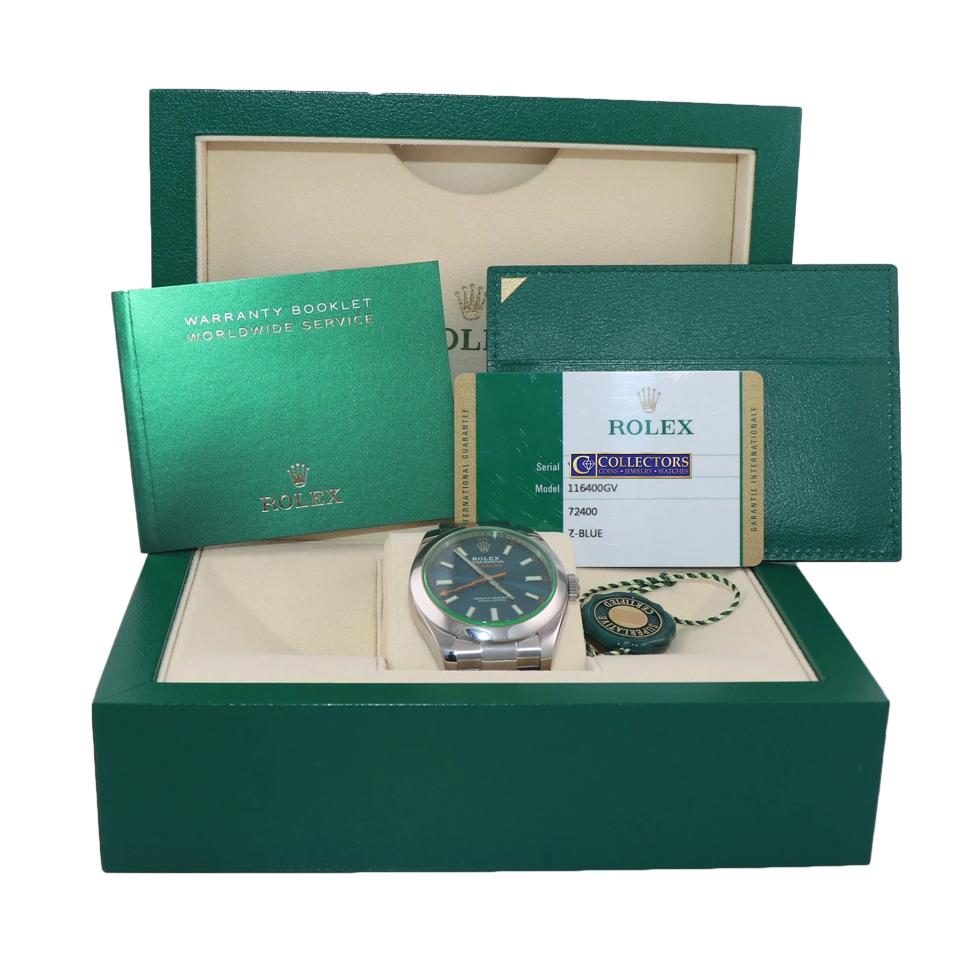 2019 PAPERS Rolex Milgauss Blue Dial Anniversary Green 116400GV Steel Watch Box
