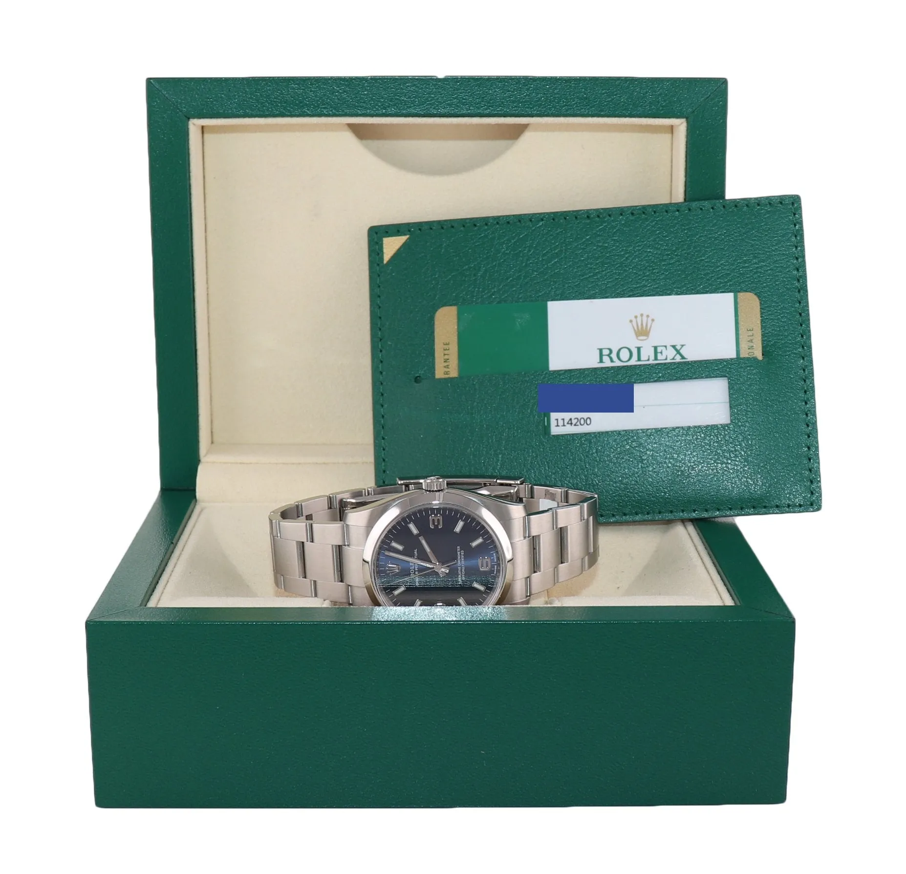 2019 PAPERS Rolex Oyster Perpetual Blue Arabic 114200 Steel Watch Box