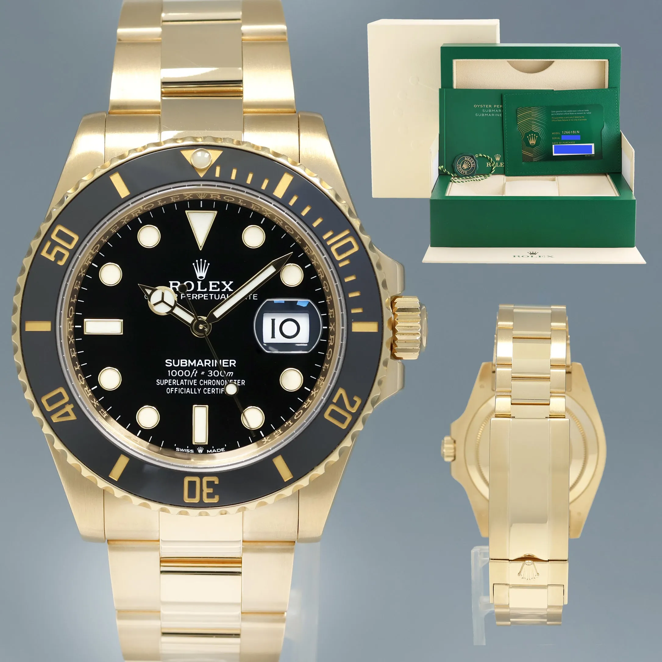 2021 NEW PAPERS Rolex Submariner Black Ceramic 126618LN Yellow Gold Watch Box