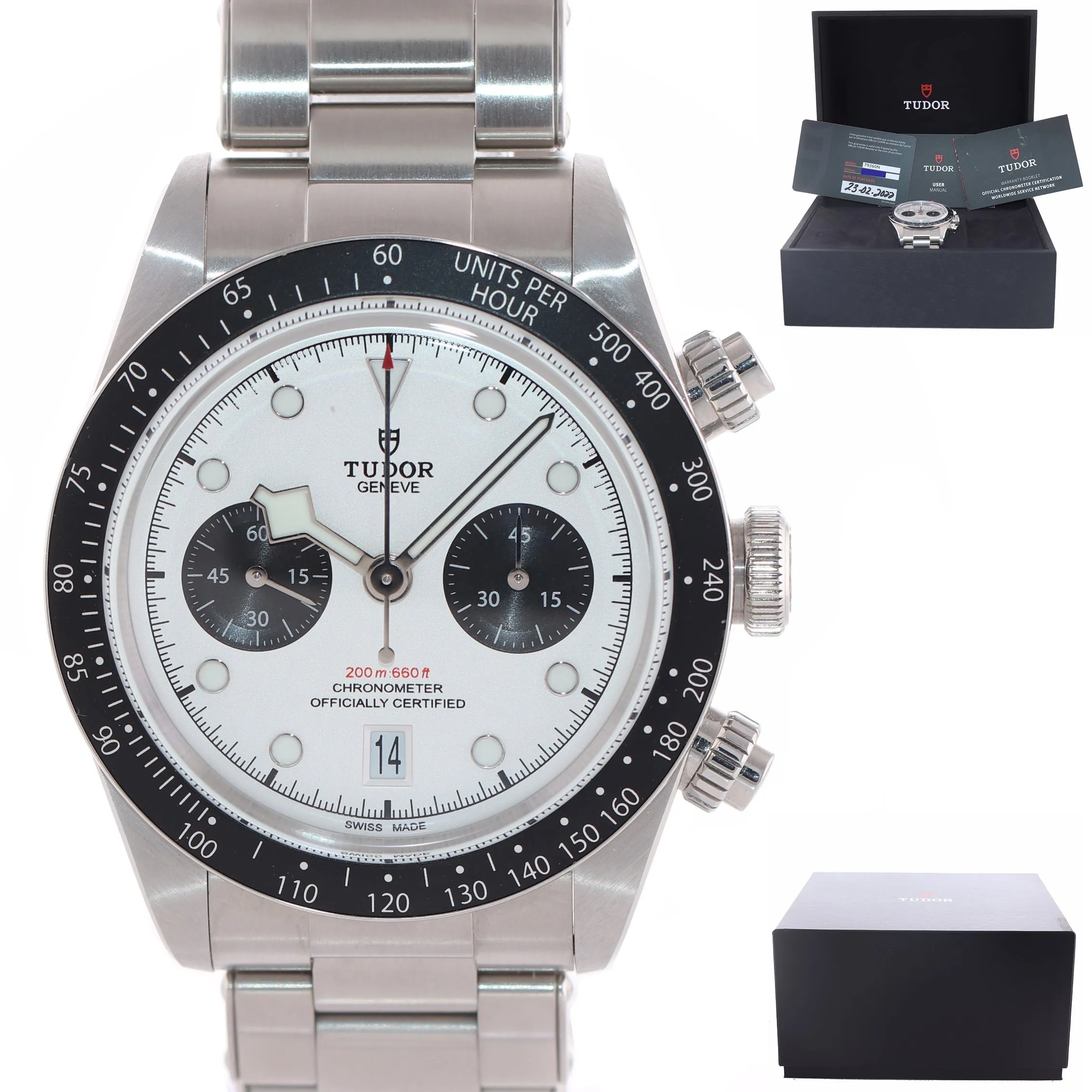 2021 PAPERS Tudor Black Bay Chrono Panda Steel 41mm White Date Watch 79360