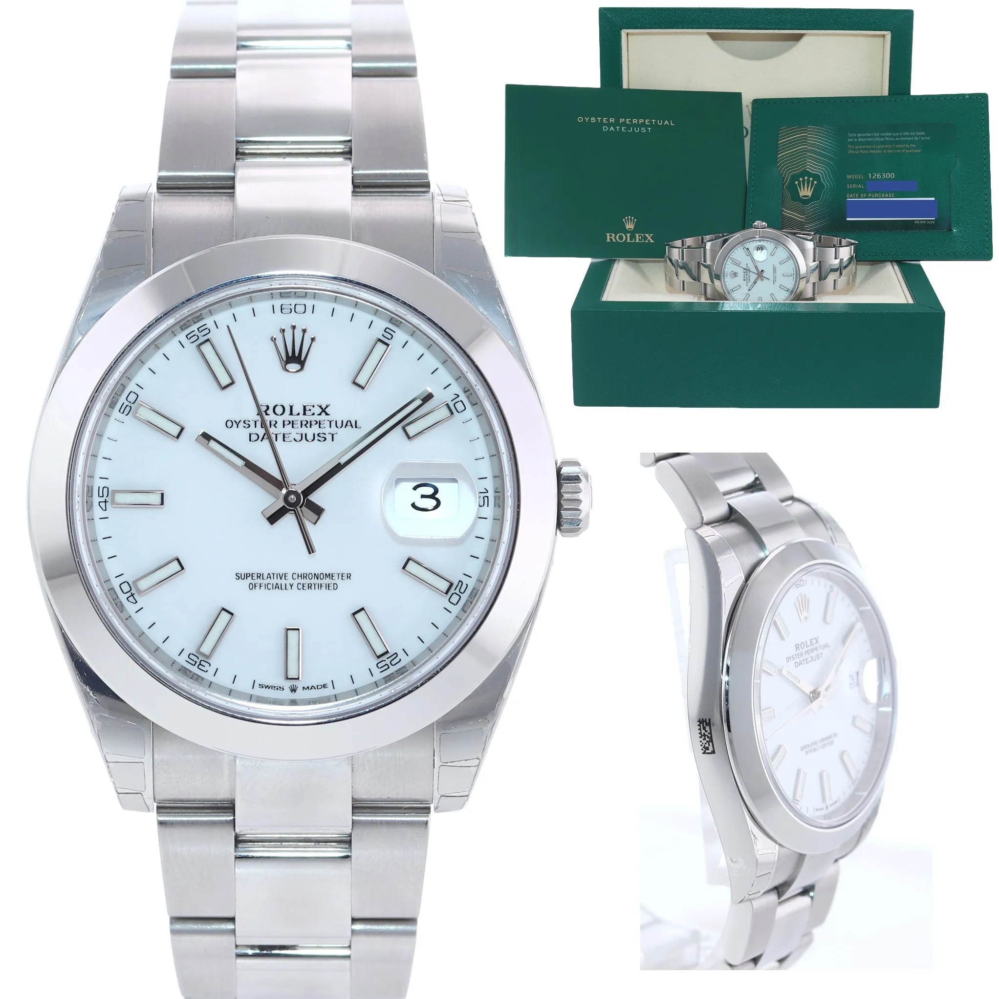 2022 NEW STICKERS PAPERS Rolex DateJust 41 Steel 126300 White Roman Oyster Watch