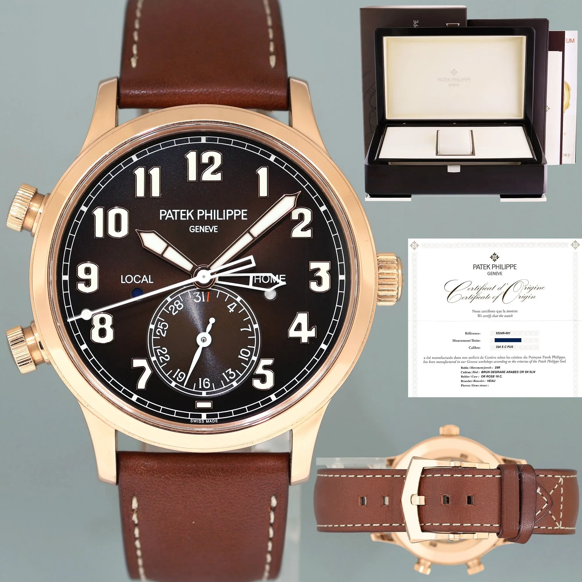 2022 PAPERS 5524R Patek Philippe Travel Time Leather Rose Gold Travel Time Watch Box