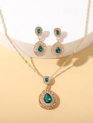 3pcs Rhinestone Water Drop Decor Jewelry Set - Green- FD ⚡
