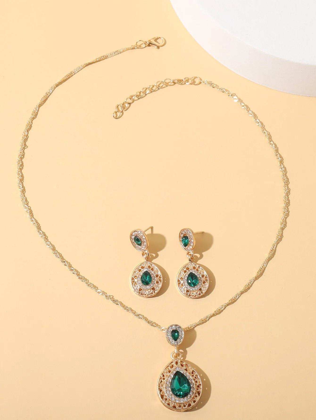 3pcs Rhinestone Water Drop Decor Jewelry Set - Green- FD ⚡