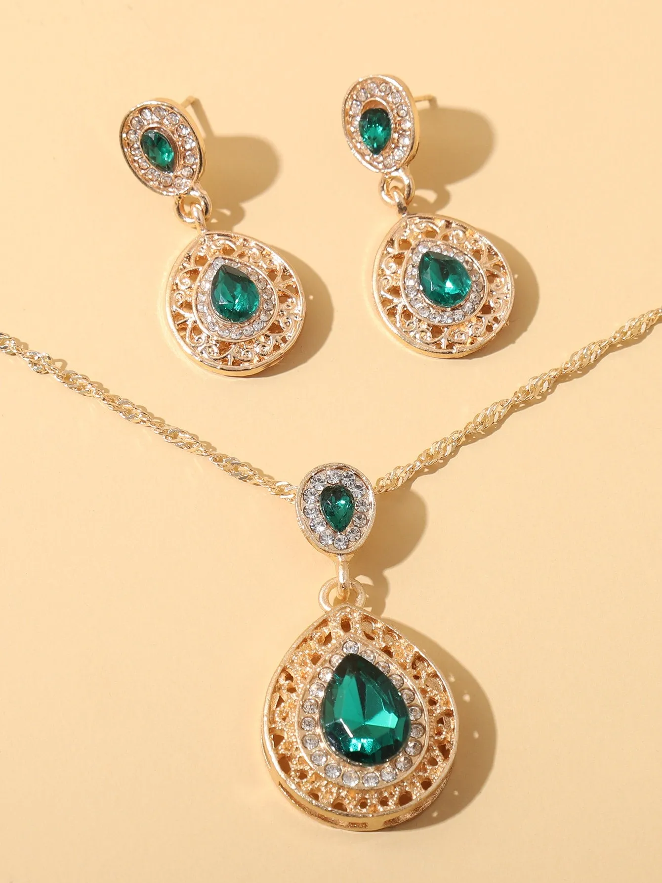 3pcs Rhinestone Water Drop Decor Jewelry Set - Green- FD ⚡