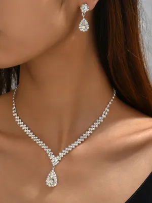 3pcs Rhinestone Water-drop Decor Jewelry Set - Silver