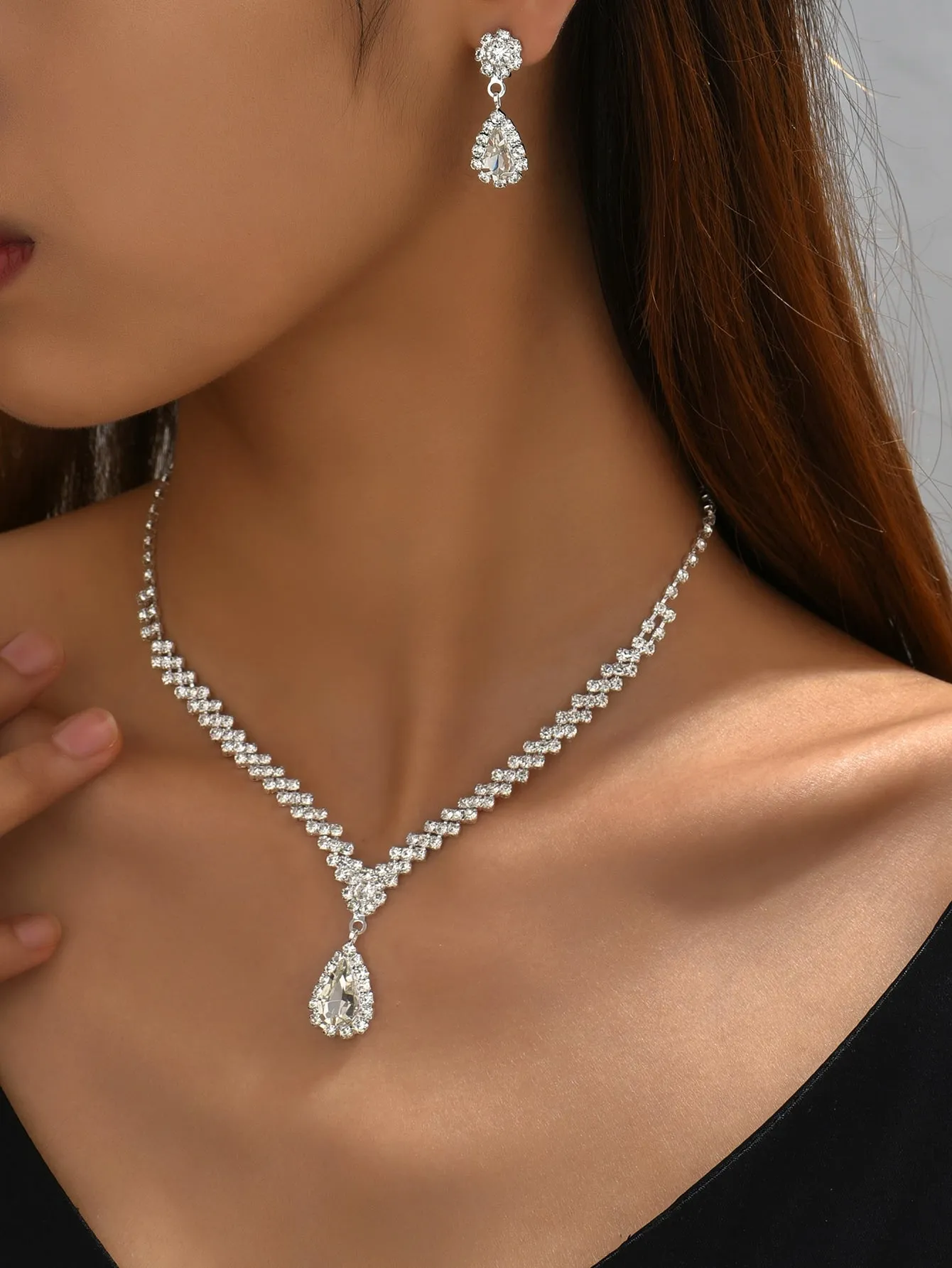 3pcs Rhinestone Water-drop Decor Jewelry Set - Silver