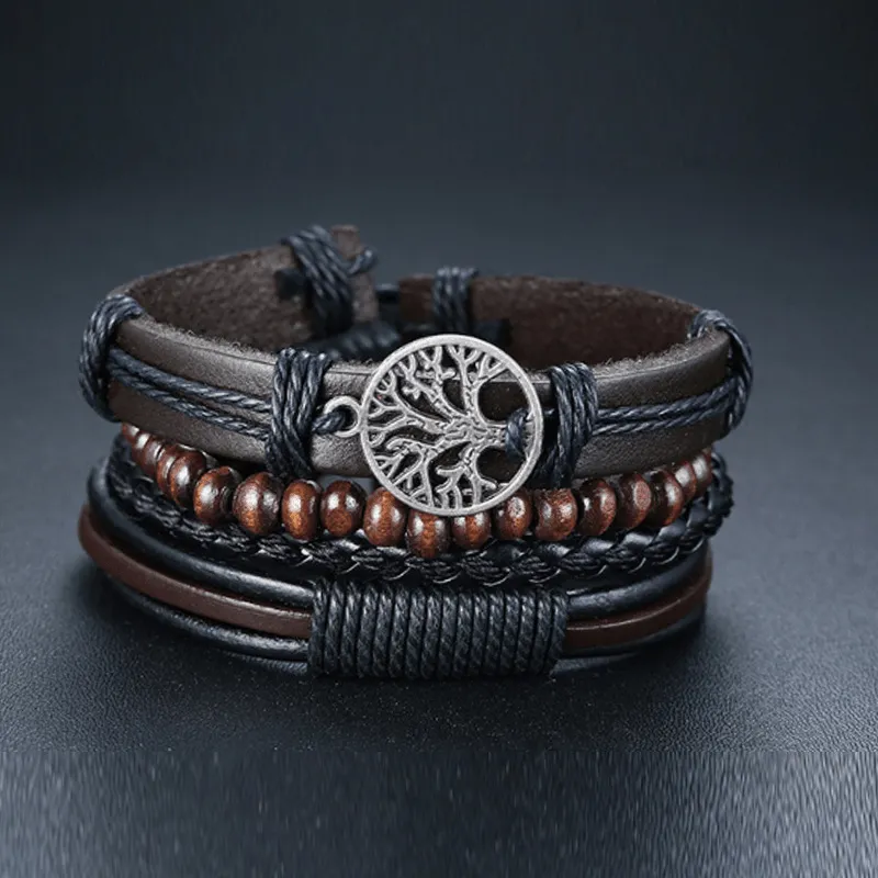 4pcs Men's Layer Leather Bracelet Adjustable Stylish Bracelets