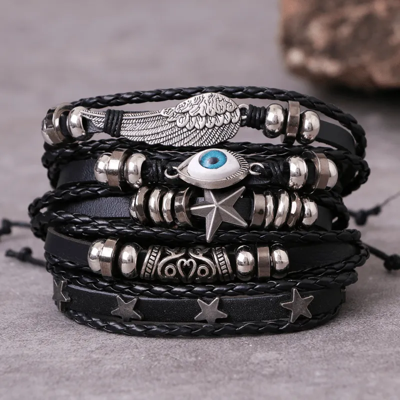5pcs set Men's Leather Bracelet Stylish Adjustable Bracelet