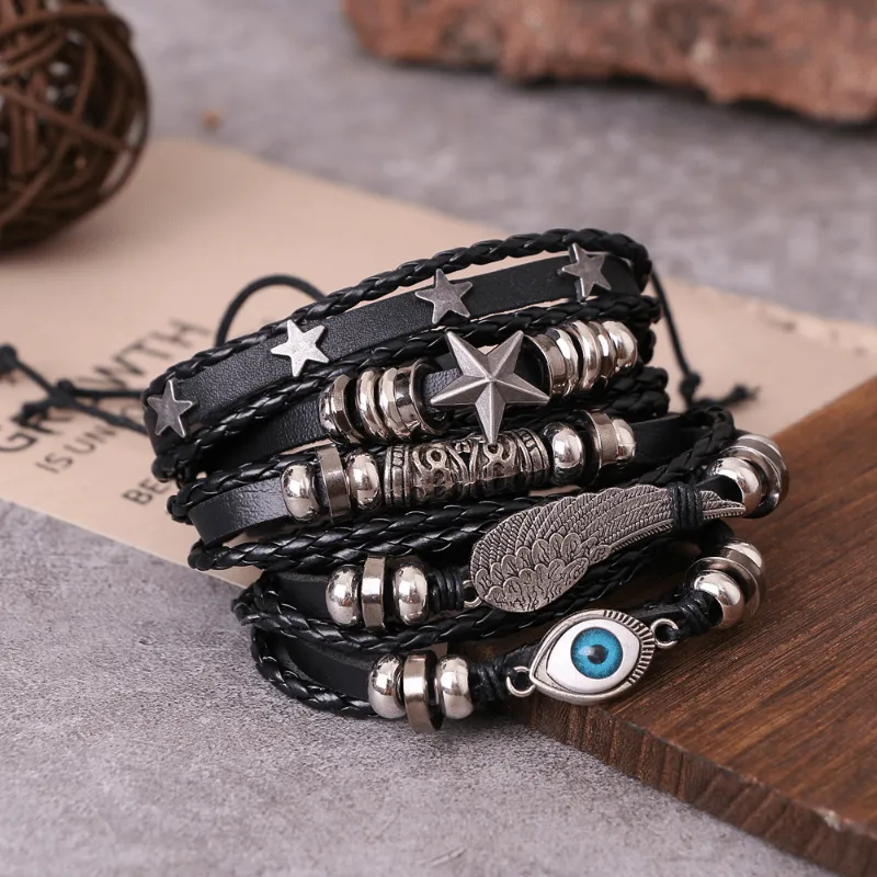 5pcs set Men's Leather Bracelet Stylish Adjustable Bracelet