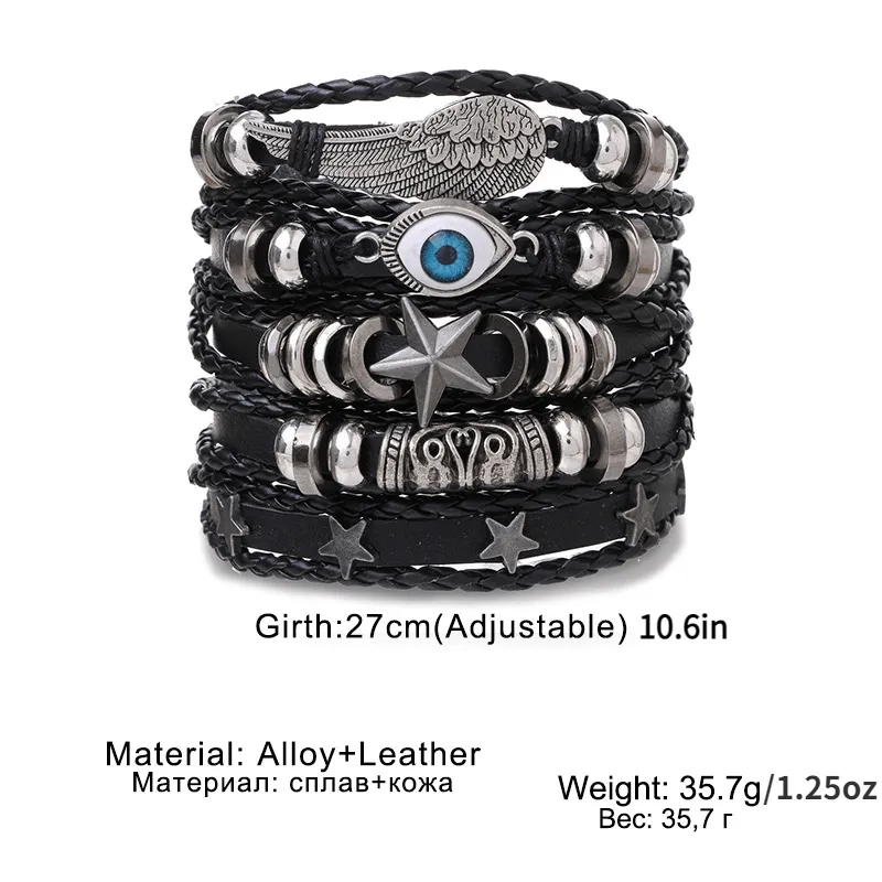 5pcs set Men's Leather Bracelet Stylish Adjustable Bracelet