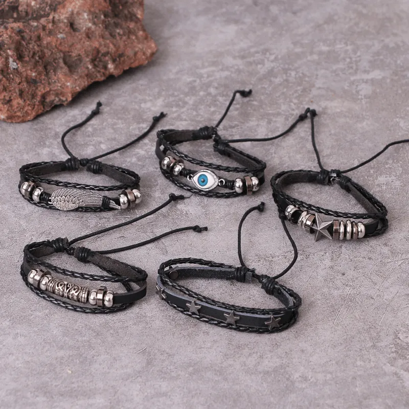 5pcs set Men's Leather Bracelet Stylish Adjustable Bracelet