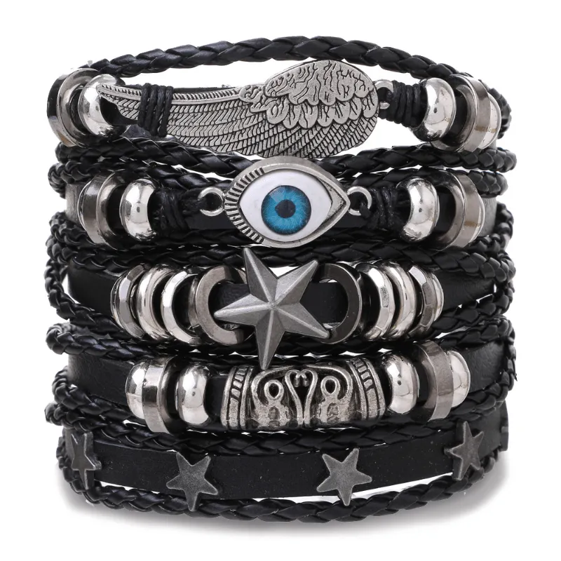 5pcs set Men's Leather Bracelet Stylish Adjustable Bracelet