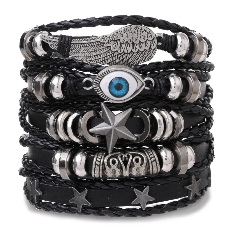 5pcs set Men's Leather Bracelet Stylish Adjustable Bracelet