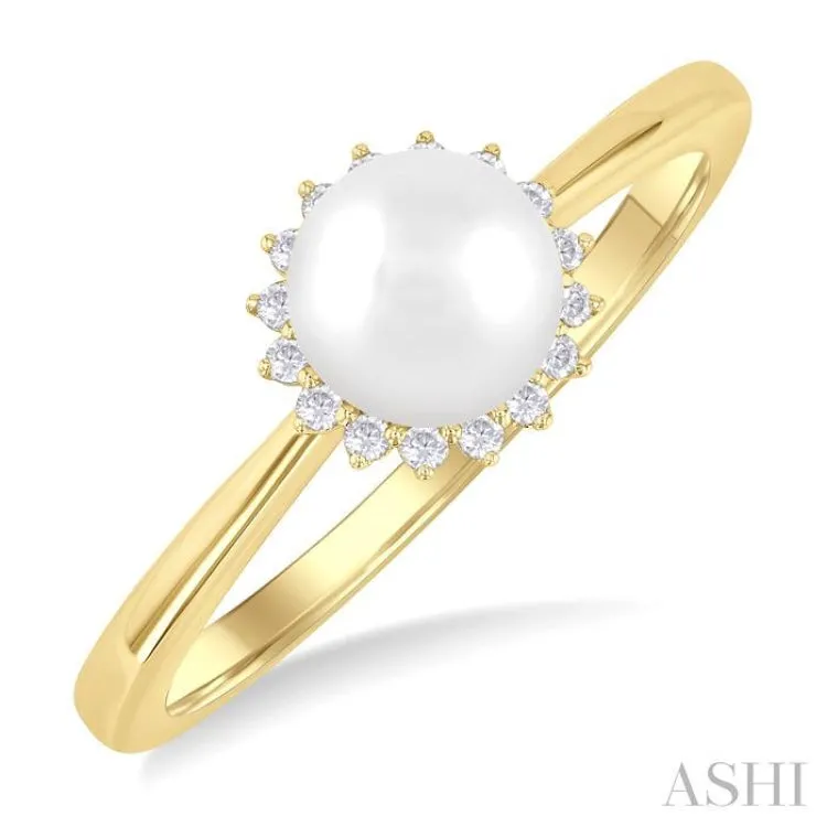 6 MM Round Shape Cultured Pearl and 1/10 ctw Petite Round Cut Diamond Floral Halo Fashion Ring in 10K Yellow Gold