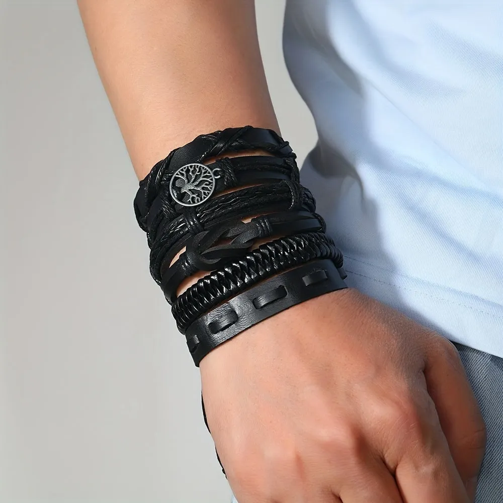 6pcs Men's PU Leather Bracelet Set Party Jewelry Gift