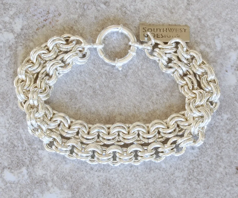 8.2mm 2-Strand Sterling Silver Two-By-Two Link Bracelet with 18mm Sterling Silver Spring Ring Clasp