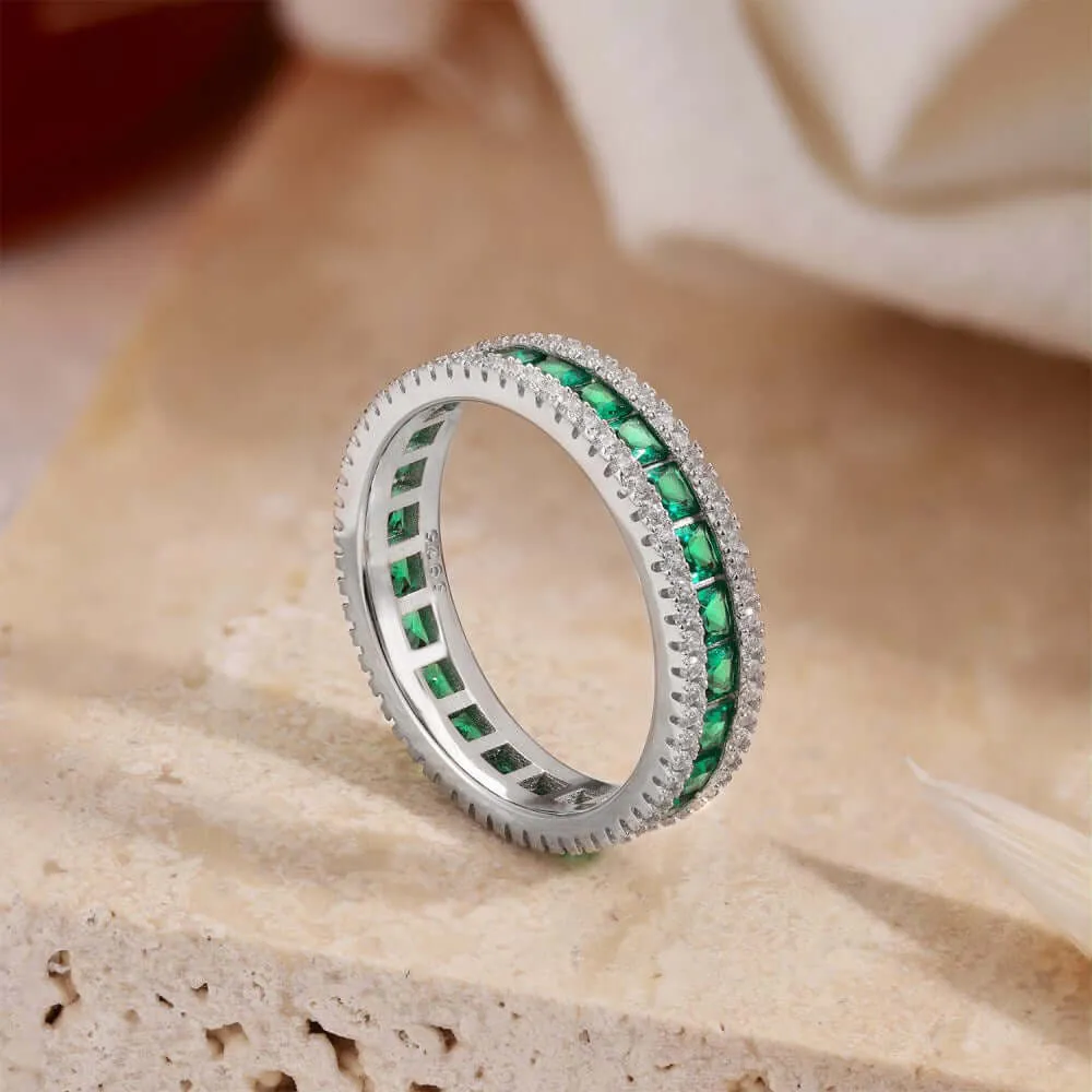 925 Silver Two Layer Small White CZ Diamond Center Square Emerald
