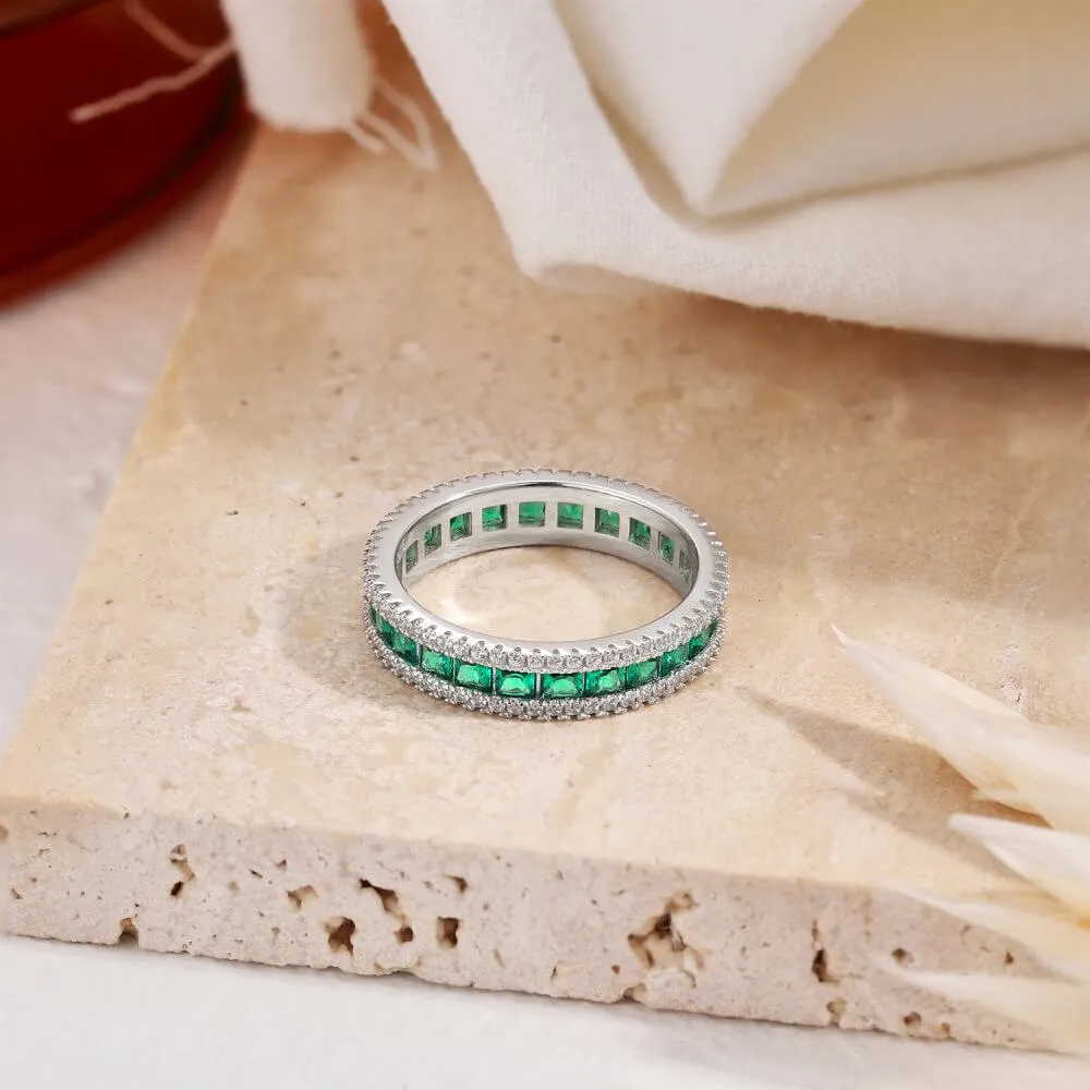 925 Silver Two Layer Small White CZ Diamond Center Square Emerald