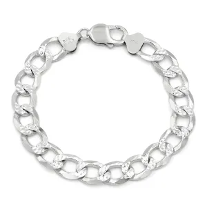 925 Sterling Silver 10.5mm Solid Cuban Diamond Cut Pave Curb Link Bracelet