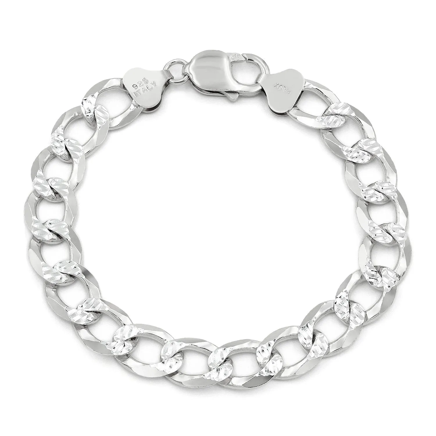 925 Sterling Silver 10.5mm Solid Cuban Diamond Cut Pave Curb Link Bracelet