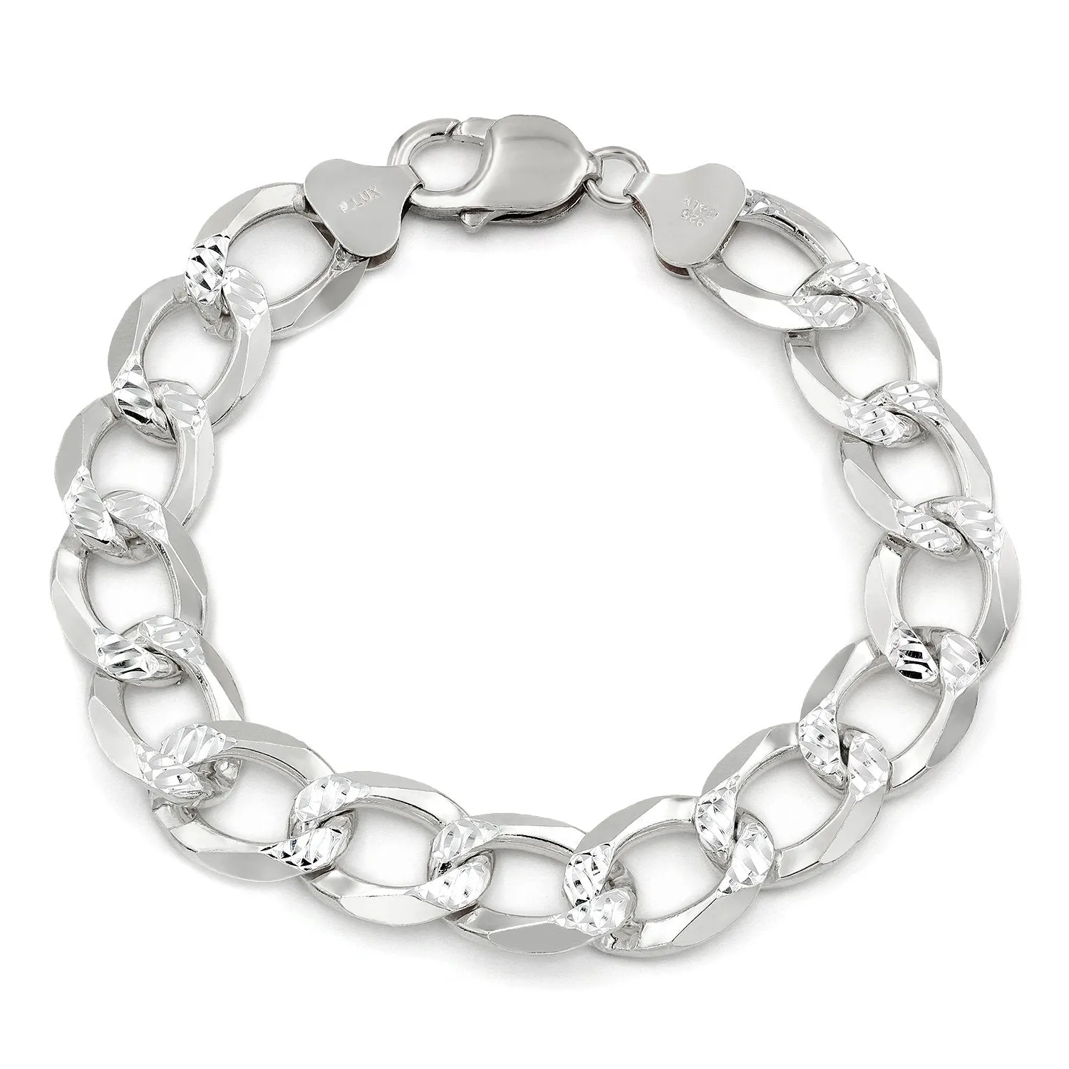 925 Sterling Silver 12.5mm Solid Cuban Diamond Cut Pave Curb Link Bracelet