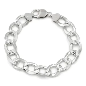 925 Sterling Silver 12.5mm Solid Cuban Diamond Cut Pave Curb Link Bracelet