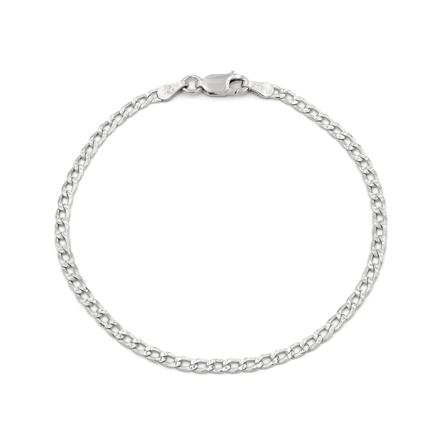 925 Sterling Silver 2.5mm Solid Cuban Diamond Cut Pave Curb Link Bracelet