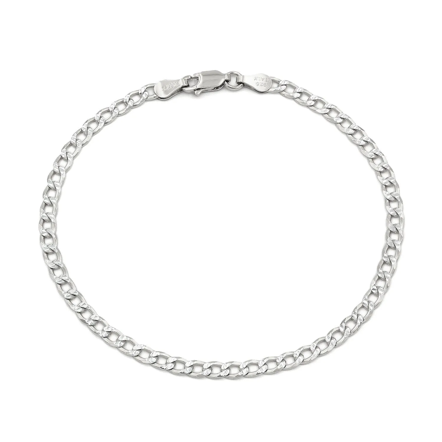 925 Sterling Silver 3.5mm Solid Cuban Diamond Cut Pave Curb Link Bracelet