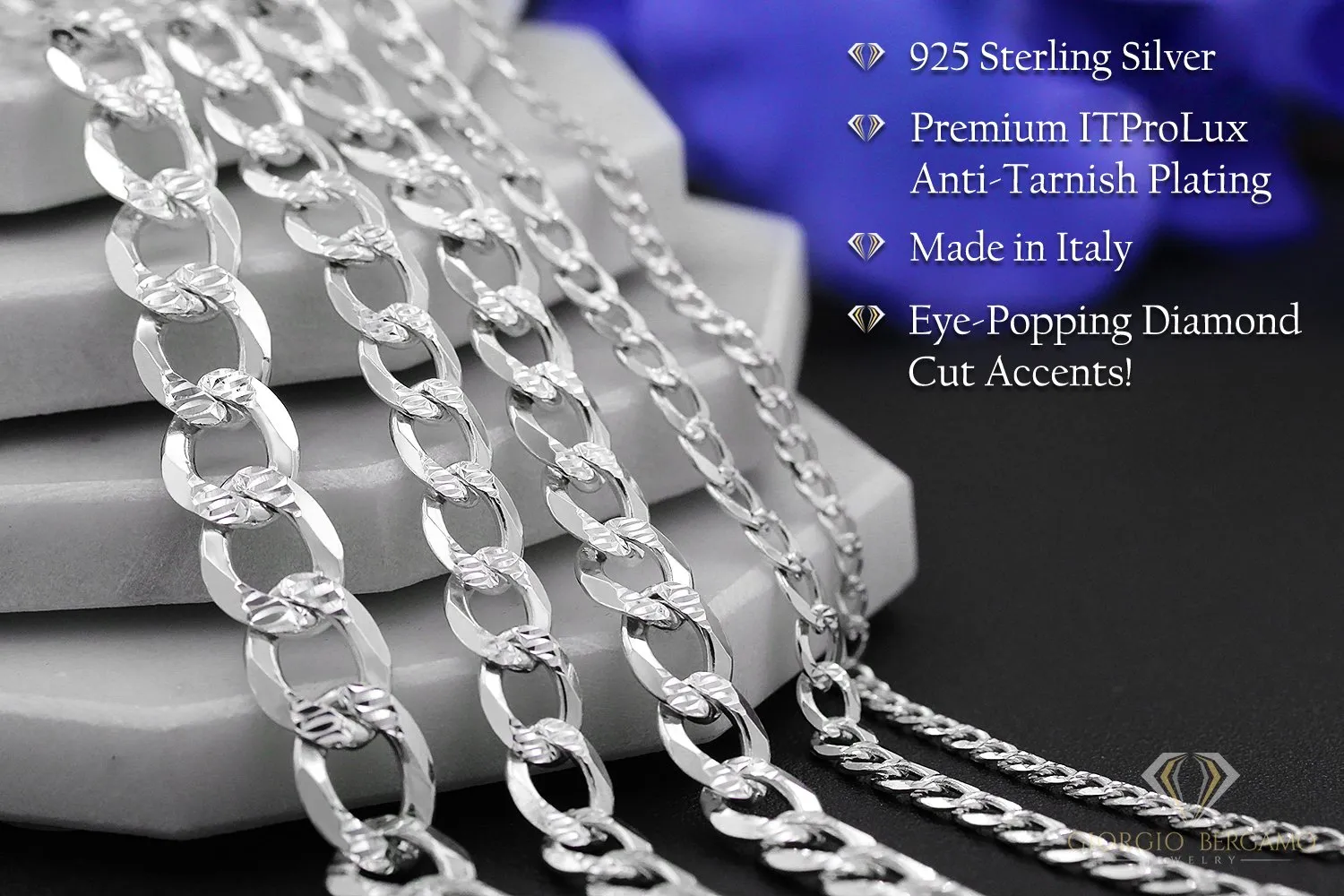 925 Sterling Silver 5mm Solid Cuban Diamond Cut Pave Curb Link Bracelet