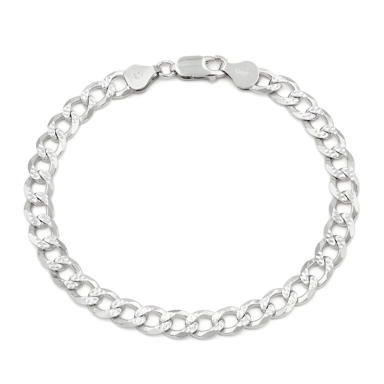 925 Sterling Silver 6.5mm Solid Cuban Diamond Cut Pave Curb Link Bracelet