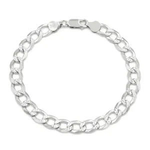 925 Sterling Silver 7.5mm Solid Cuban Diamond Cut Pave Curb Link Bracelet