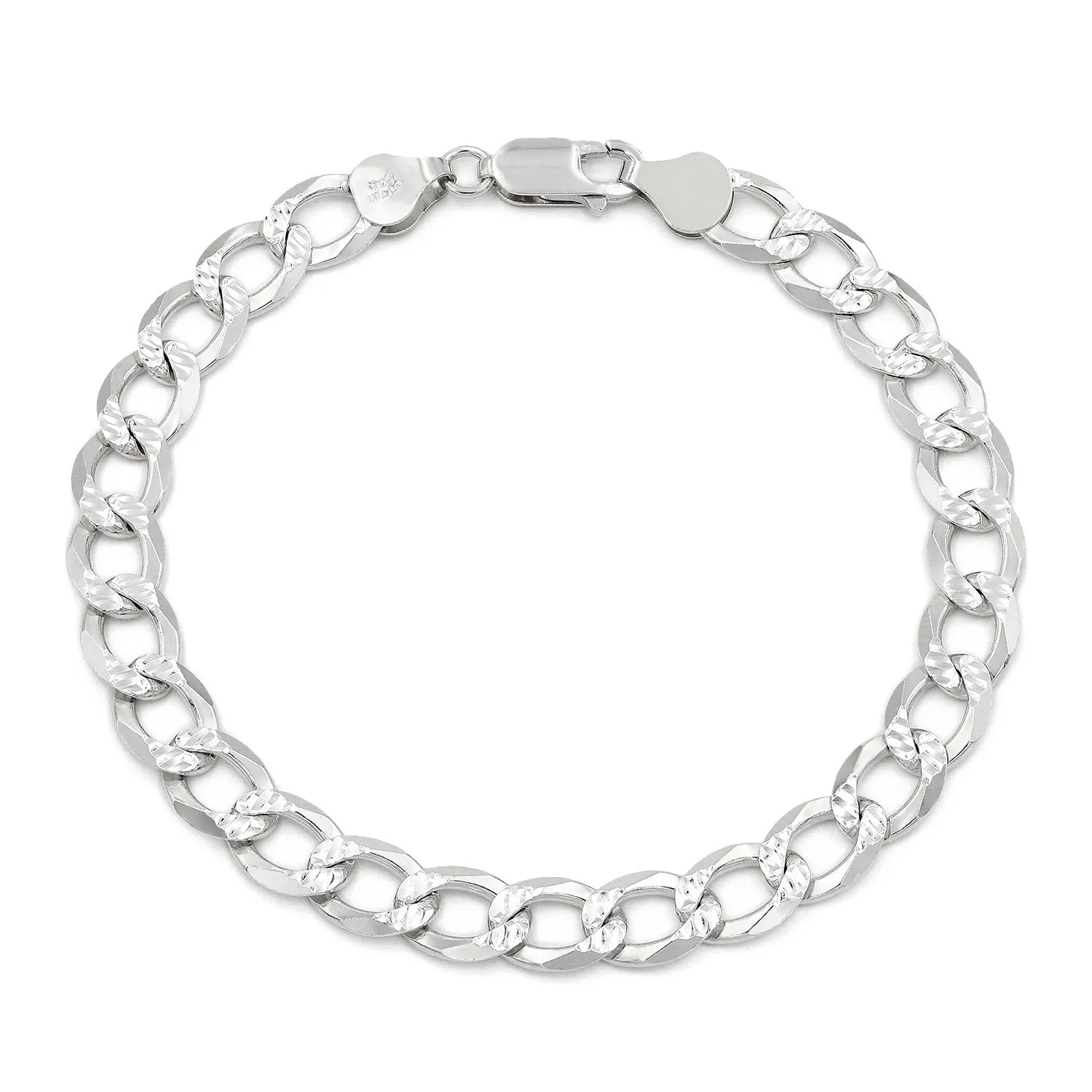 925 Sterling Silver 7.5mm Solid Cuban Diamond Cut Pave Curb Link Bracelet