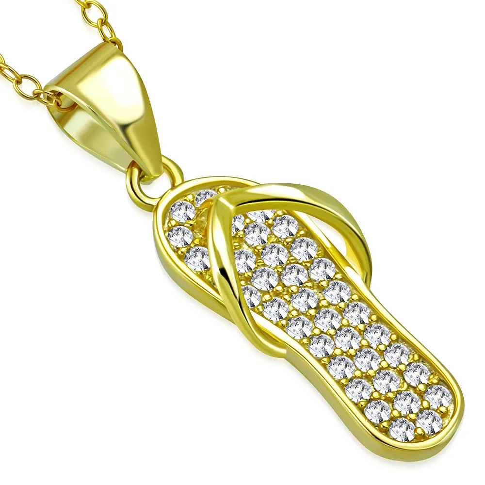 925 Sterling Silver CZ Womens Girls Flip-Flop Slipper Pendant Necklace
