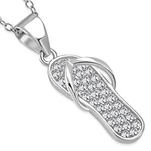 925 Sterling Silver CZ Womens Girls Flip-Flop Slipper Pendant Necklace