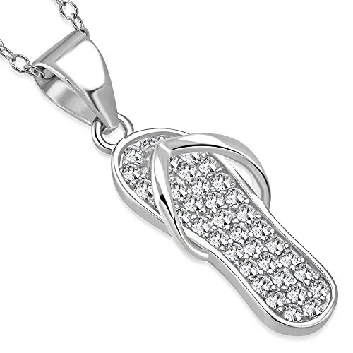 925 Sterling Silver CZ Womens Girls Flip-Flop Slipper Pendant Necklace