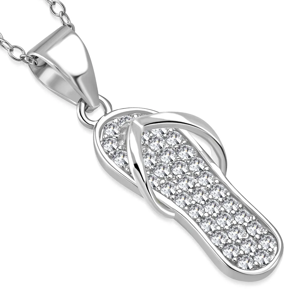 925 Sterling Silver CZ Womens Girls Flip-Flop Slipper Pendant Necklace