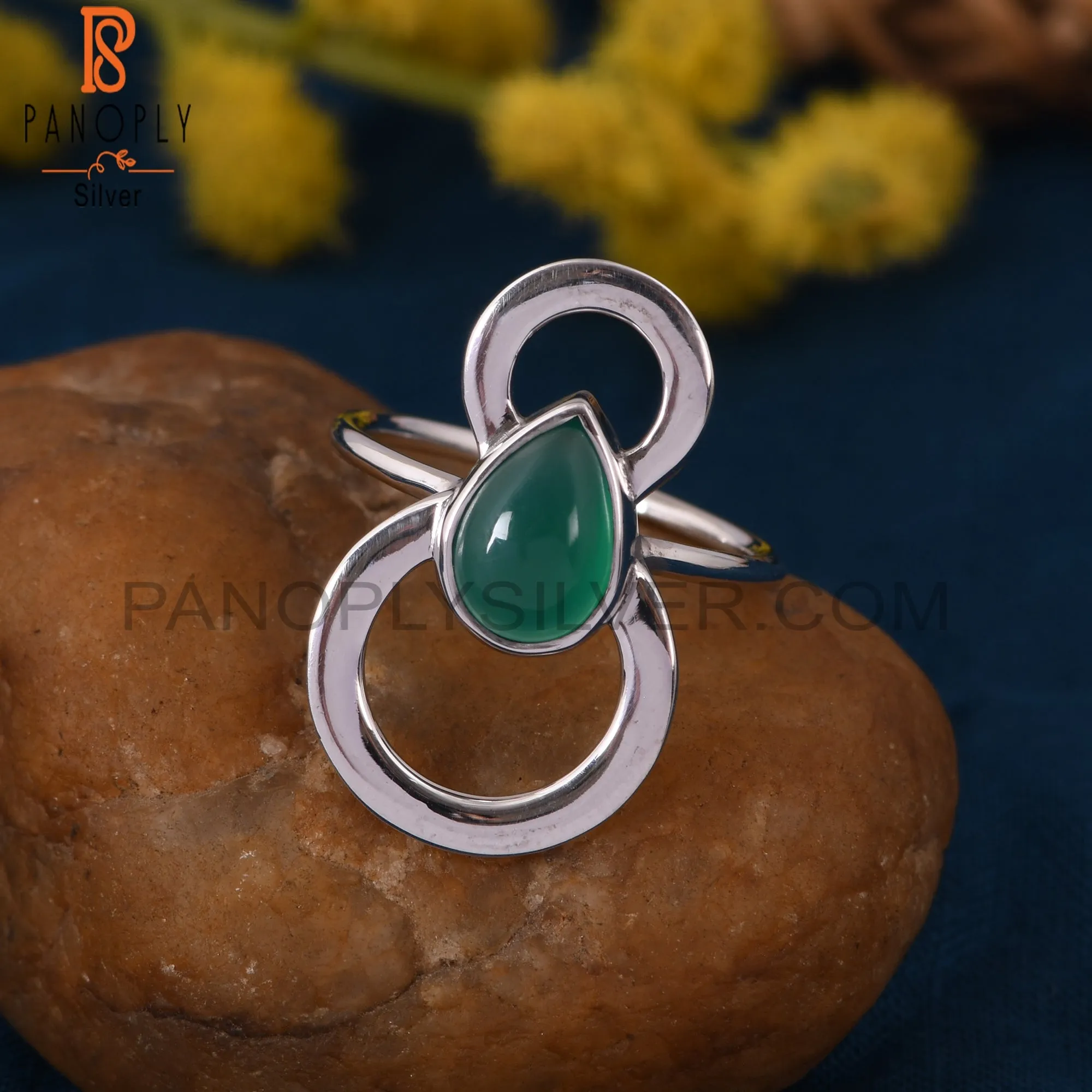 925 Sterling Silver Green Onyx Unique Cocktail Rings
