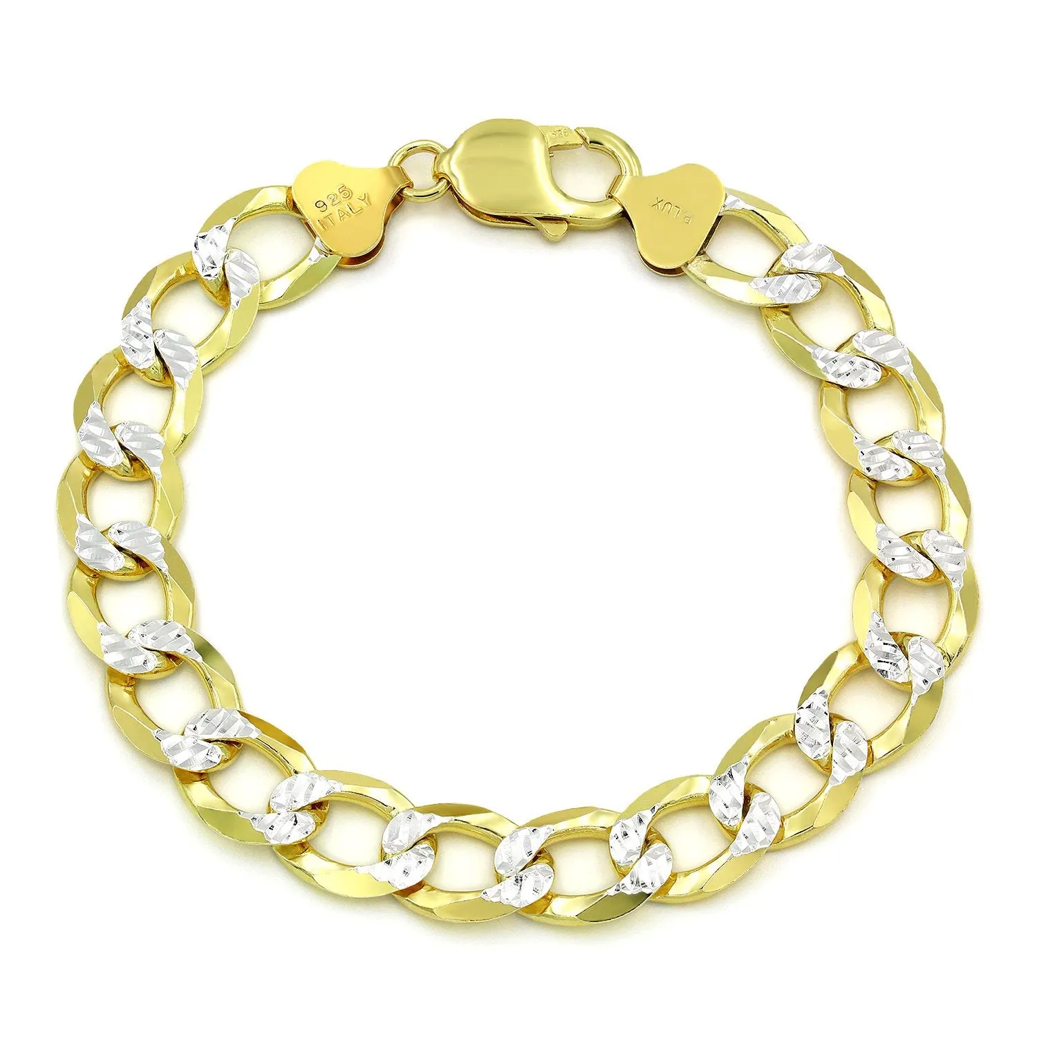 925 Sterling Silver Solid Cuban 10.5mm Diamond Cut Pave Gold Plated Curb Link Bracelet