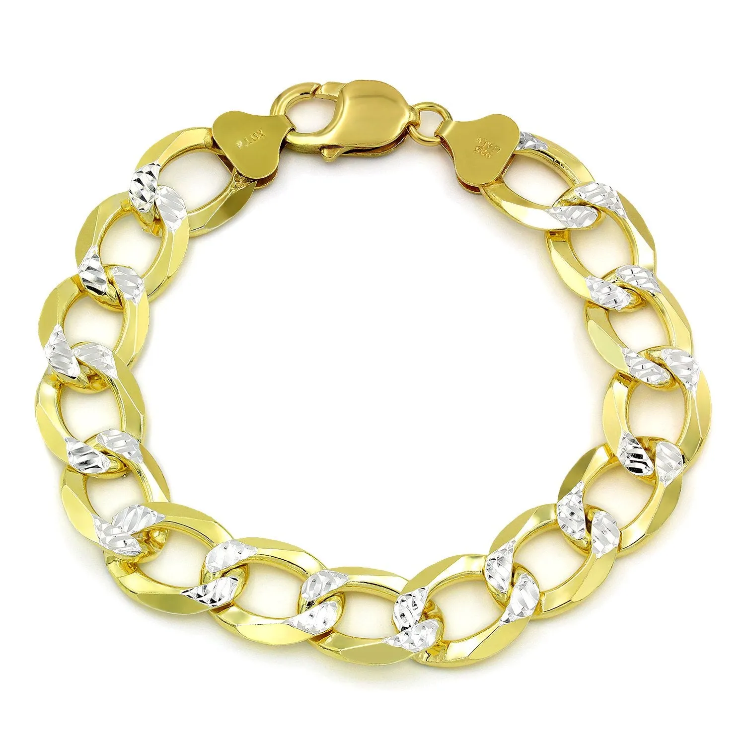925 Sterling Silver Solid Cuban 12.5mm Diamond Cut Pave Gold Plated Curb Link Bracelet
