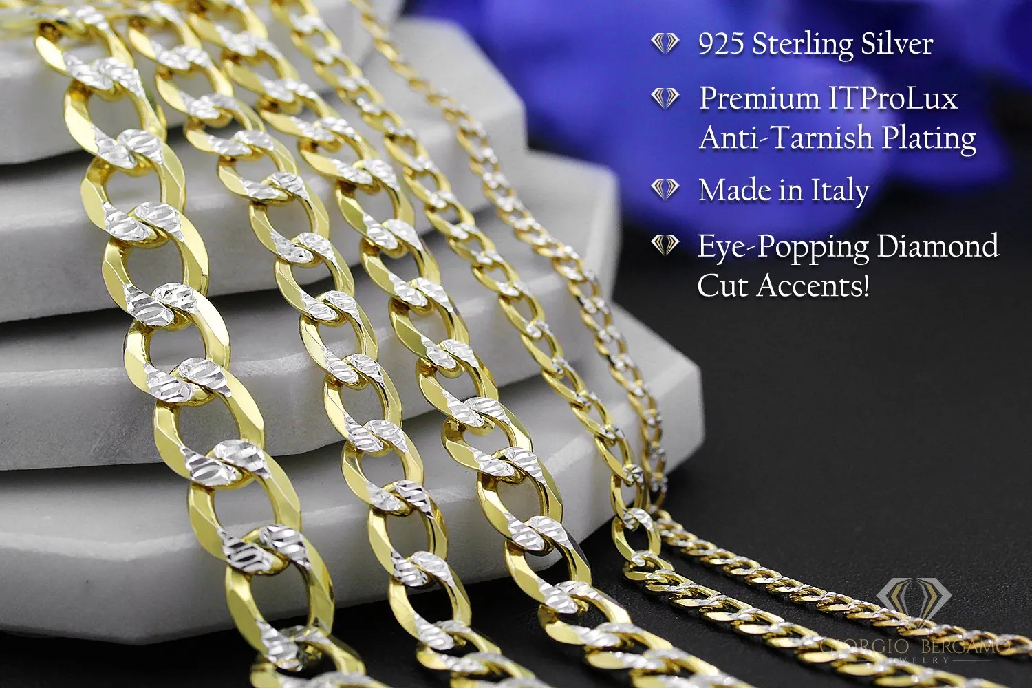 925 Sterling Silver Solid Cuban 5mm Diamond Cut Pave Gold Plated Curb Link Bracelet